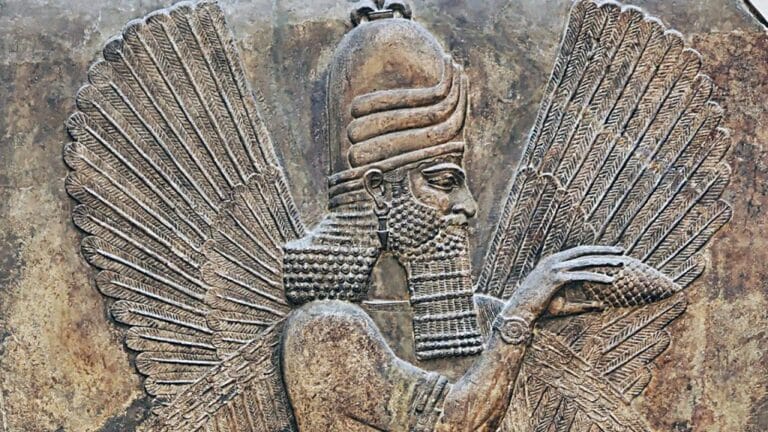 Anunnaki deity – Lamassu winged bull-human guardian from ancient Dur-Sharrukin (c. 713 BCE)