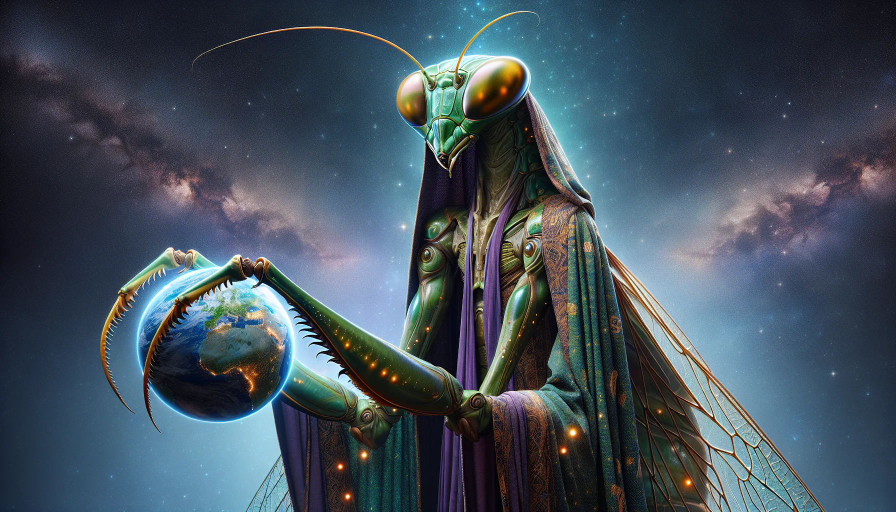 Insectoid/Mantis alien – elongated telepathic praying mantis entity (artist rendition)