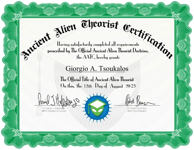 Sample Certified Ancient Alien Theorist certificate made out to Giorgio A. Tsoukalos